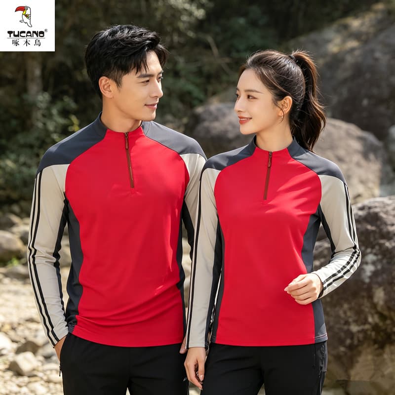 Woodpecker ao ar livre de secagem rápida camiseta de manga comprida masculino feminino mesmo estilo contraste cor gola a