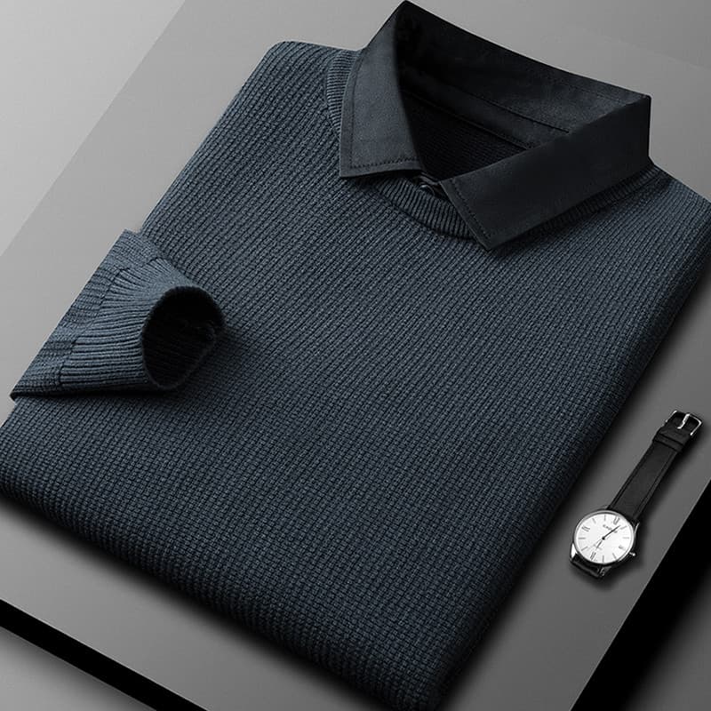 Sabaqi falso camisa de duas peças gola camisola de malha inverno negócios camisola casaco superior velo quente camisola