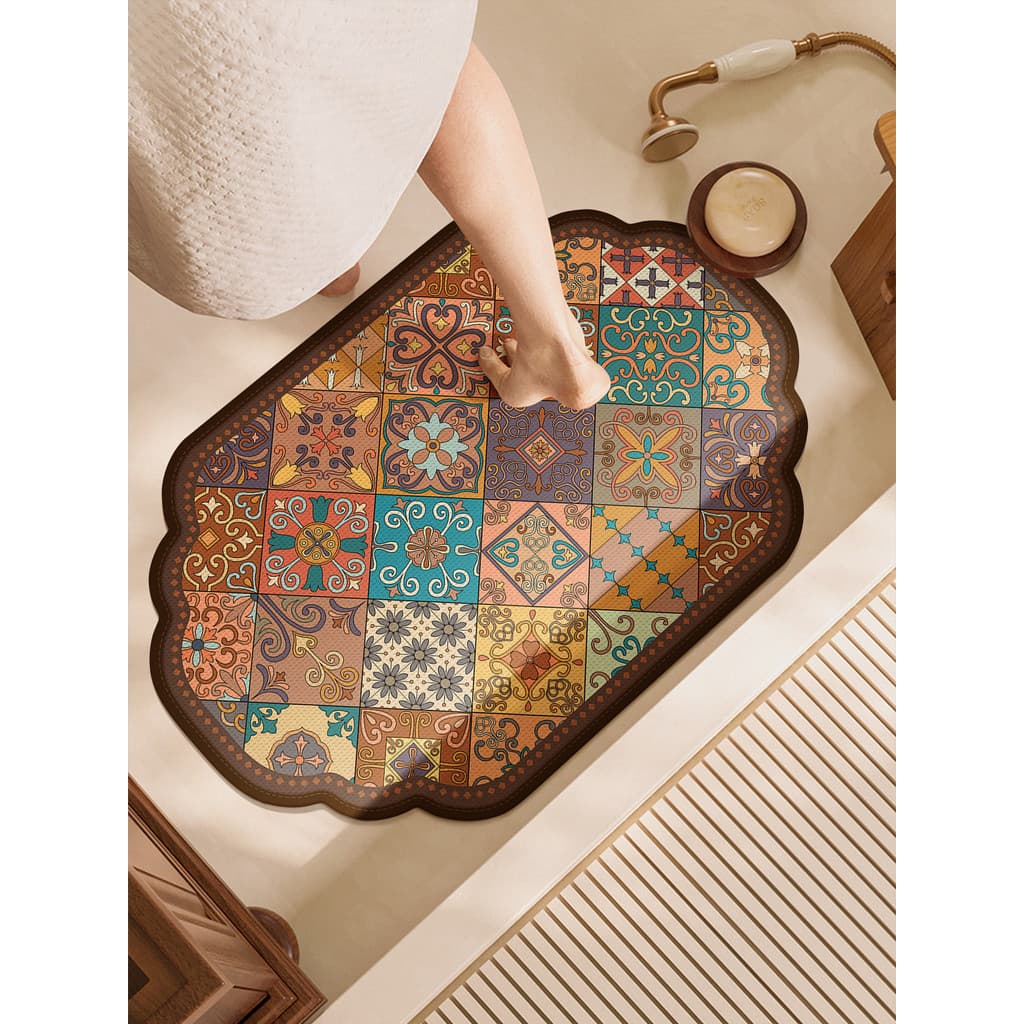 Tapete sanitário de azulejo colorido estilo étnico, porta antiderrapante, imitação de linho, absorção de água, secagem r