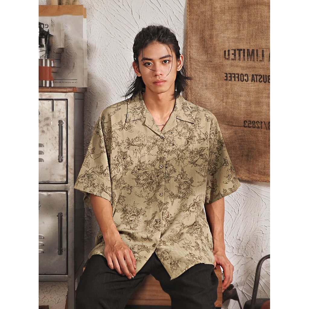 Verão fino camisa de manga curta masculina rufião bonito férias Floral camisa americano Retro havaí gola cubana manga de