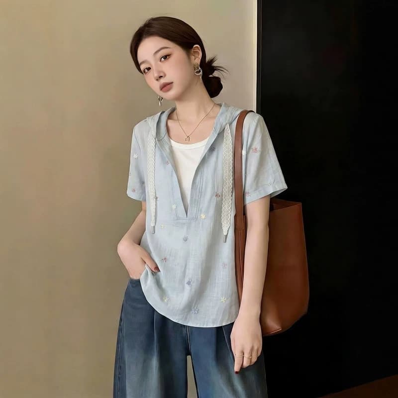 F falso costura de duas peças com capuz camisa de manga curta feminina Plus Size gordura MM redução de idade All-Match c