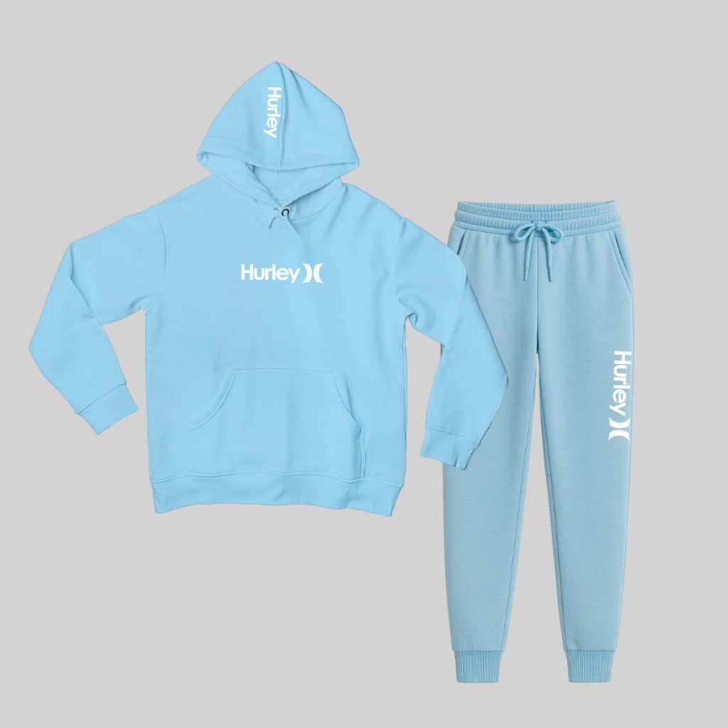 Conjunto Moletom Azul Bebe Hurley H Algodão Streetwear Skate Surf Com Capuz Adulto e Infantil Unissex