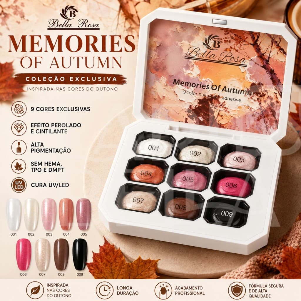 Gel Texturizador Bella Rosa Memories Of Autumn Kit 9 Cores UV LED Nail Art Sem HEMA Efeito Outono