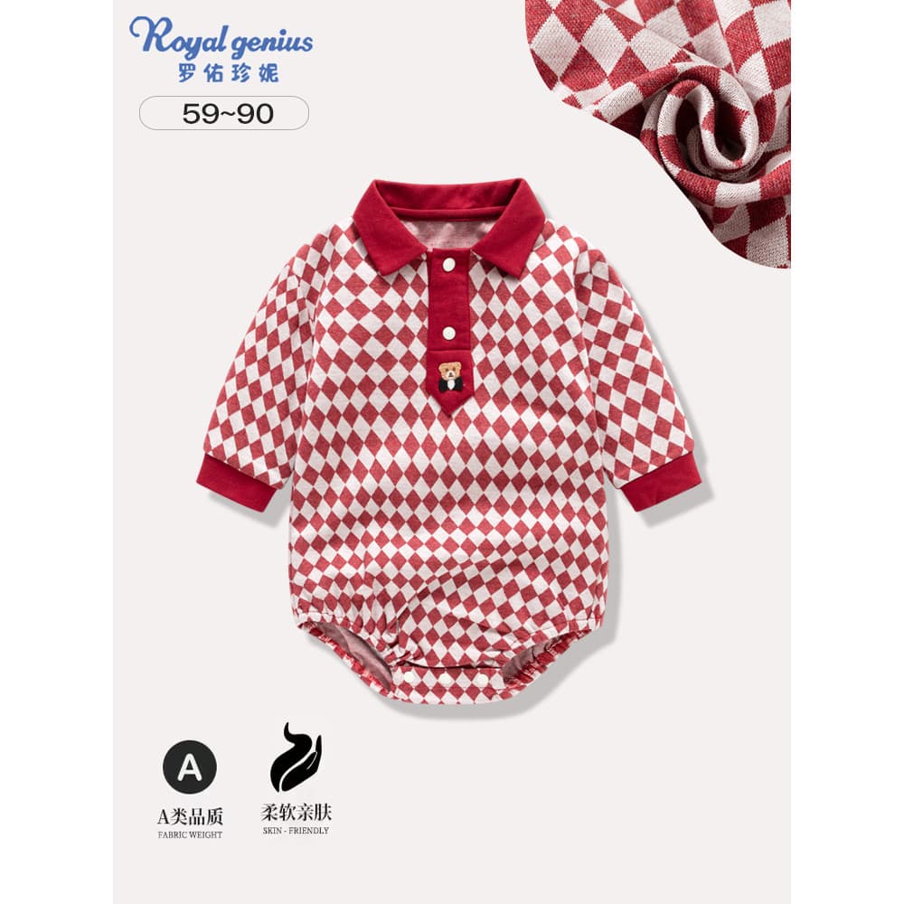 Roupas de bebê primavera outono versão coreana urso xadrez manga comprida Bodysuit de uma peça moda recém-nascido macacã