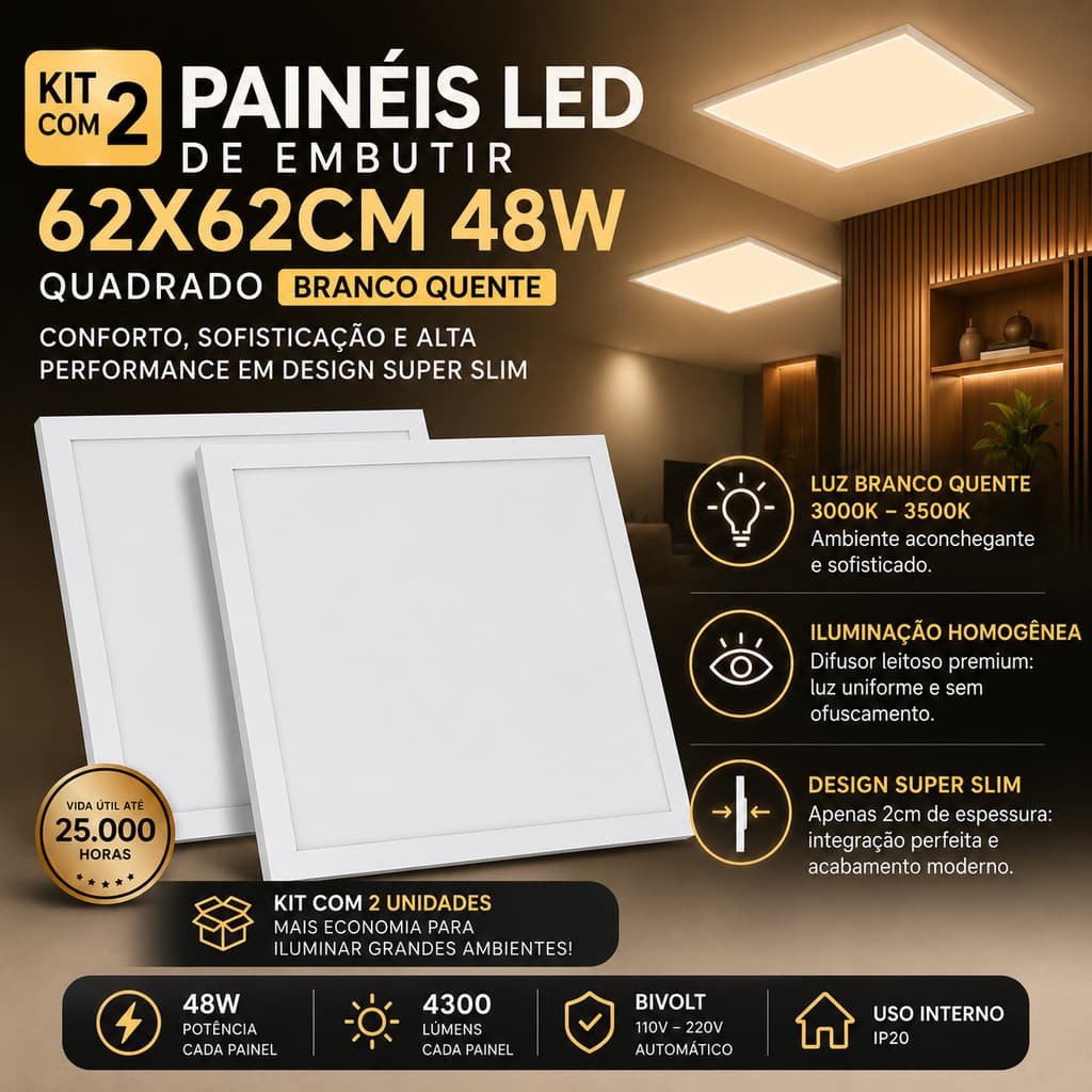 Kit 2 Painel LED Embutir 62x62 Slim 48W Branco Quente Luminária Teto Gesso Sanca Paylow