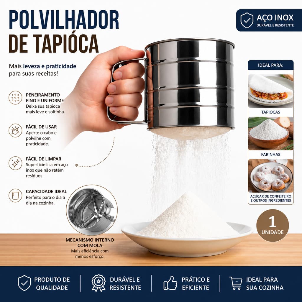 Polvilhador Farinha Peneira Caneca com Gatilho Manual Aço Inox Açucar  Tapioca Cozinha Multiuso