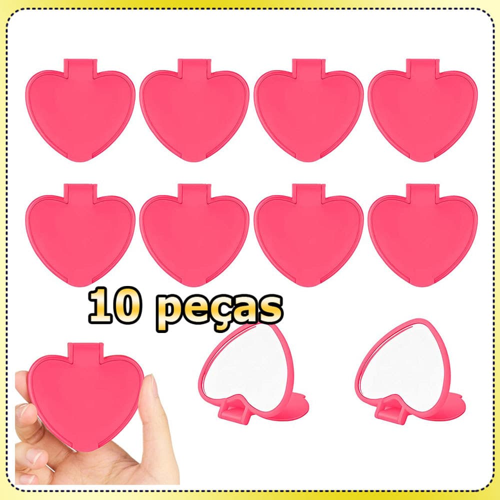 10 Rosa-carmesim Mini espelho de maquiagem espelho de bolso espelho portátil em forma coração espelho dobrável presente