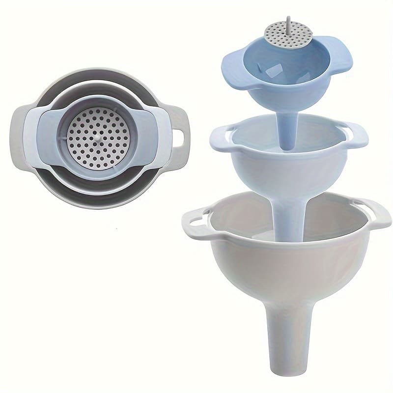 Conjunto de Funil Multifuncional Quatro em Um, Filtro de Cozinha para Despejo de Óleo e Transferência de Líquidos