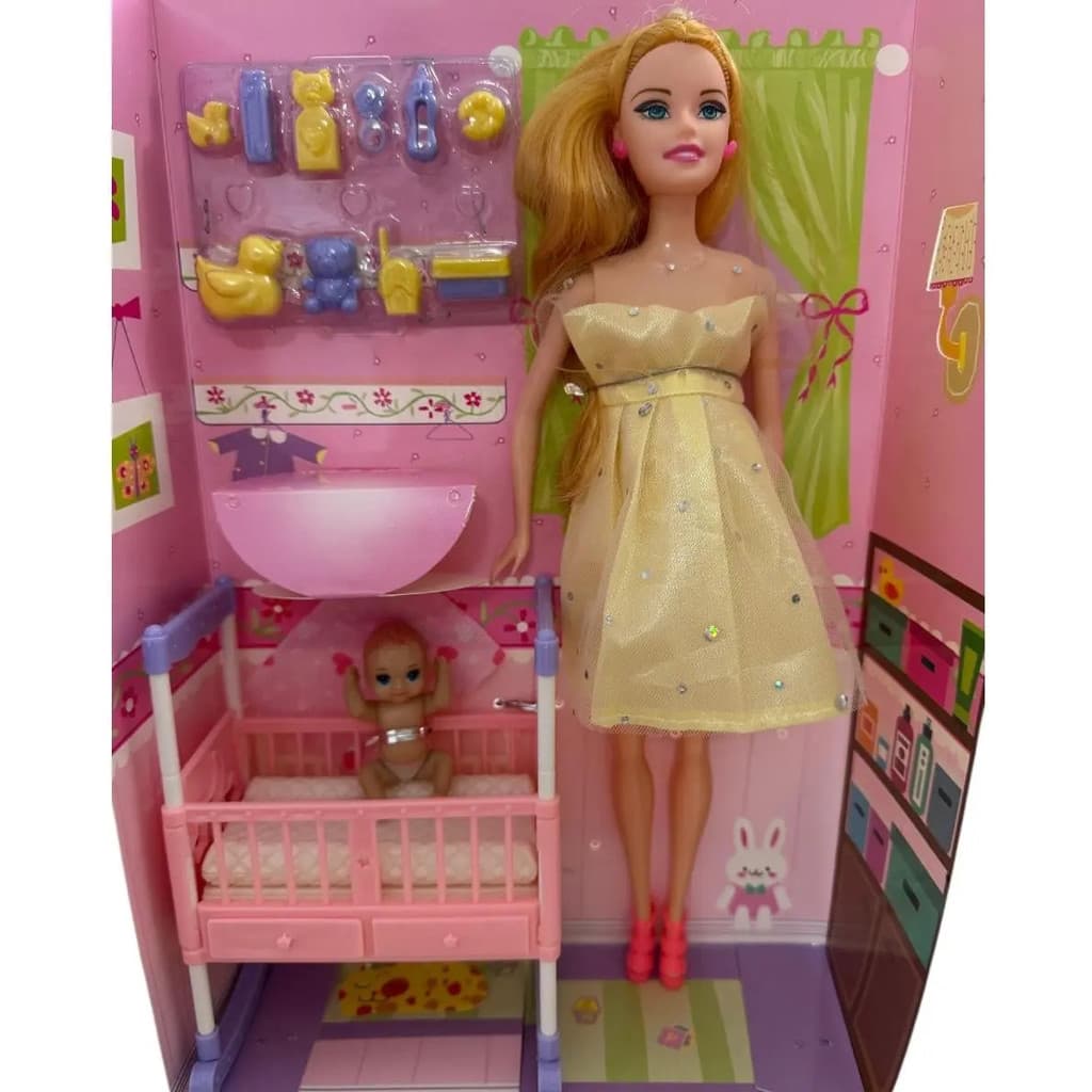 Boneca Gravida C/ Bebe C Berço 3 Em 1 Acessórios