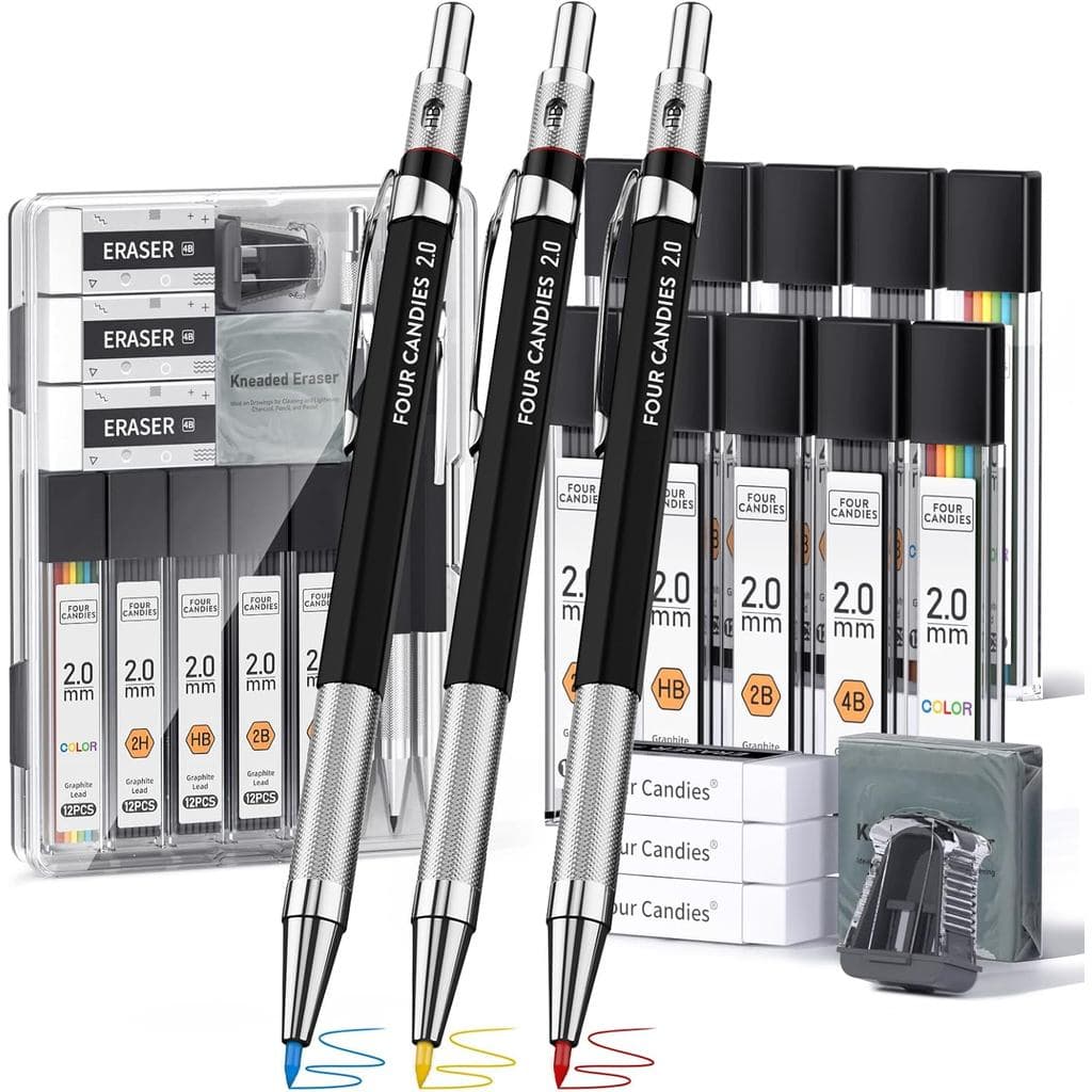 Four Candies 19 Peças Lápis de Desenho Mecânico de 2MM com Estojo, Lápis de Grafite Metálico com 120 Recargas de Grafite