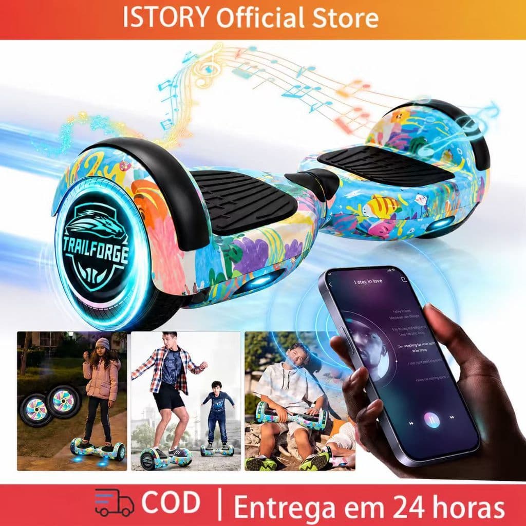Skate Elétrico Infantil 6.5 Polegadas Bateria Grande Capacidade Bluetooth Luz LED