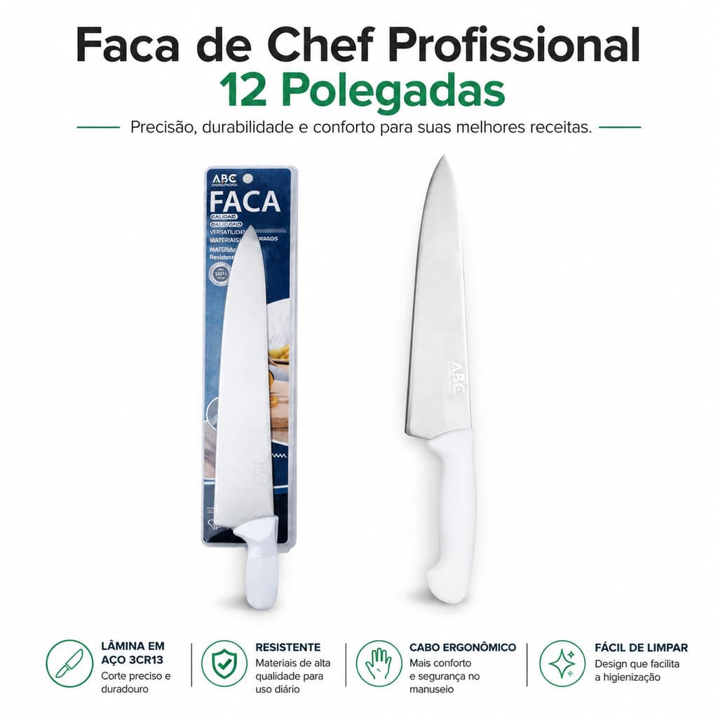 Faca Chef ABC Branca Aço Inox 8 e 12 Polegadas Profissional com Suporte de Madeira e Lâmina Antiaderente