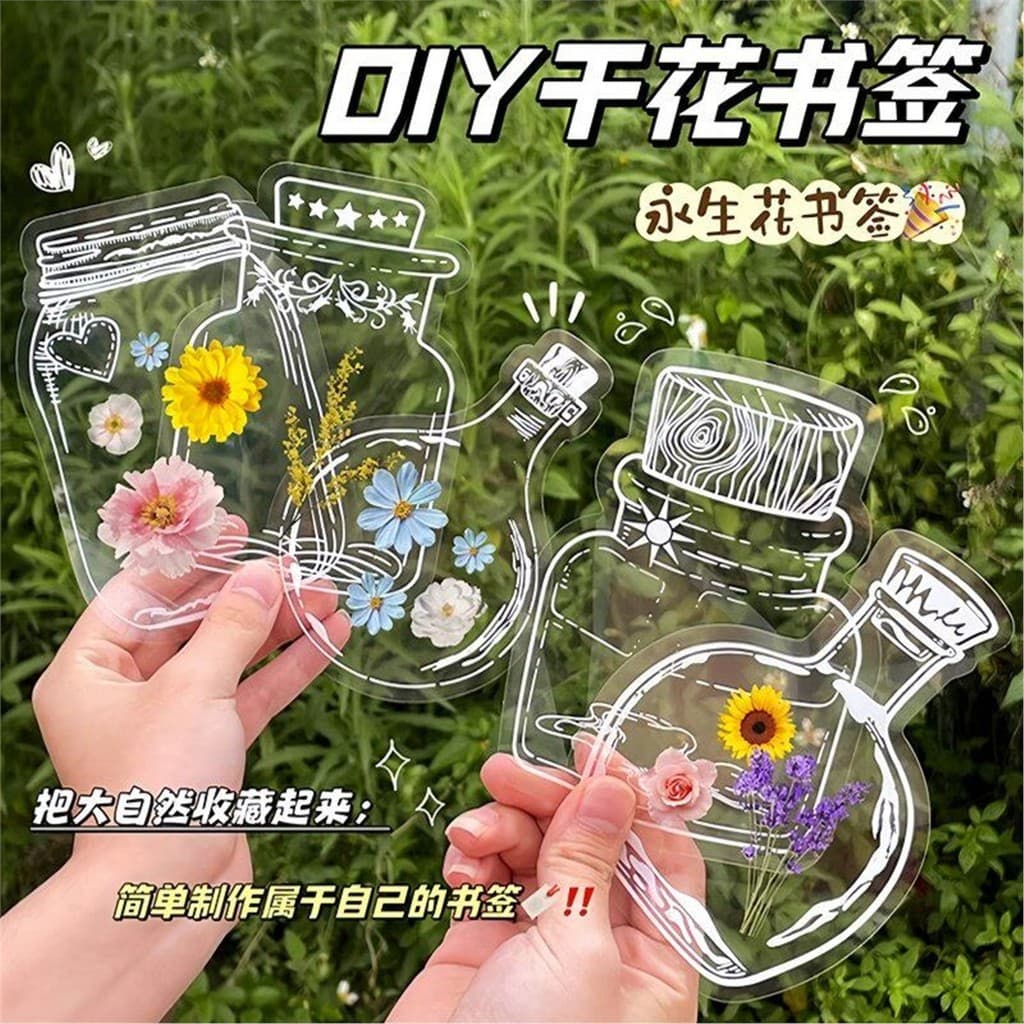 Marcador de flores secas, coleção de primavera, amostra em garrafa, filme de vedação de plástico, folhas em relevo, estu