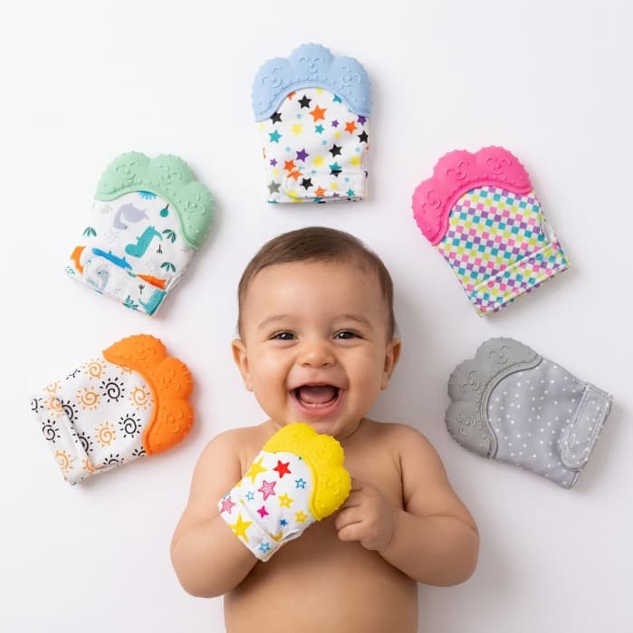 Mordedor Luva para Bebê em Silicone Macio com Velcro Ajustável Premium 6 Cores Variadas