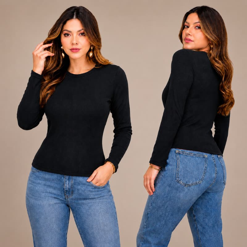 Blusa Feminina Manga Longa - Canelada Flanelada / Gola Redonda Ribana