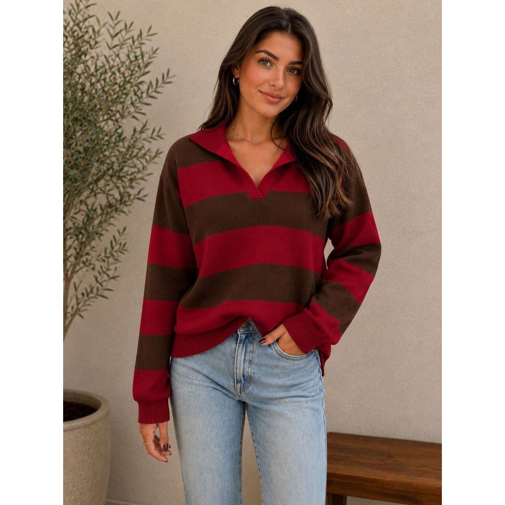 Blusa Feminina Tricô Listrada Gola Polo Manga Longa Confortável Elegante Moda Feminina