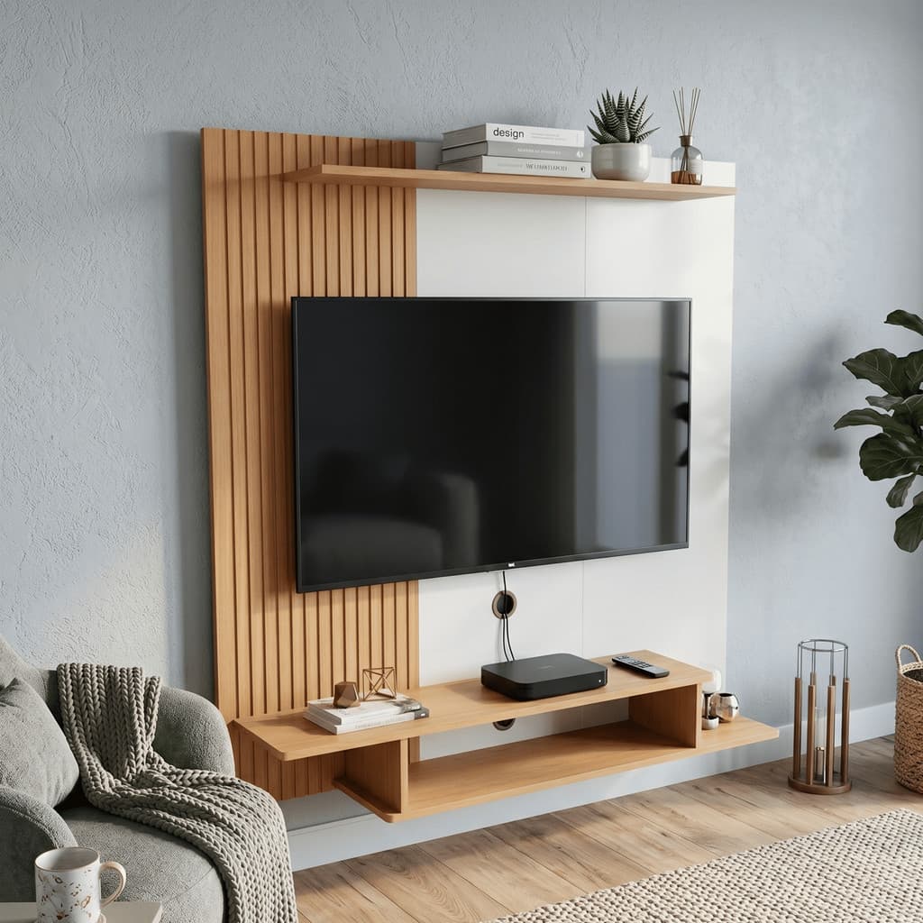 Painel Ripado para Tv até 43 Polegadas Prateleira Nicho para Quarto Moderno Decorativo