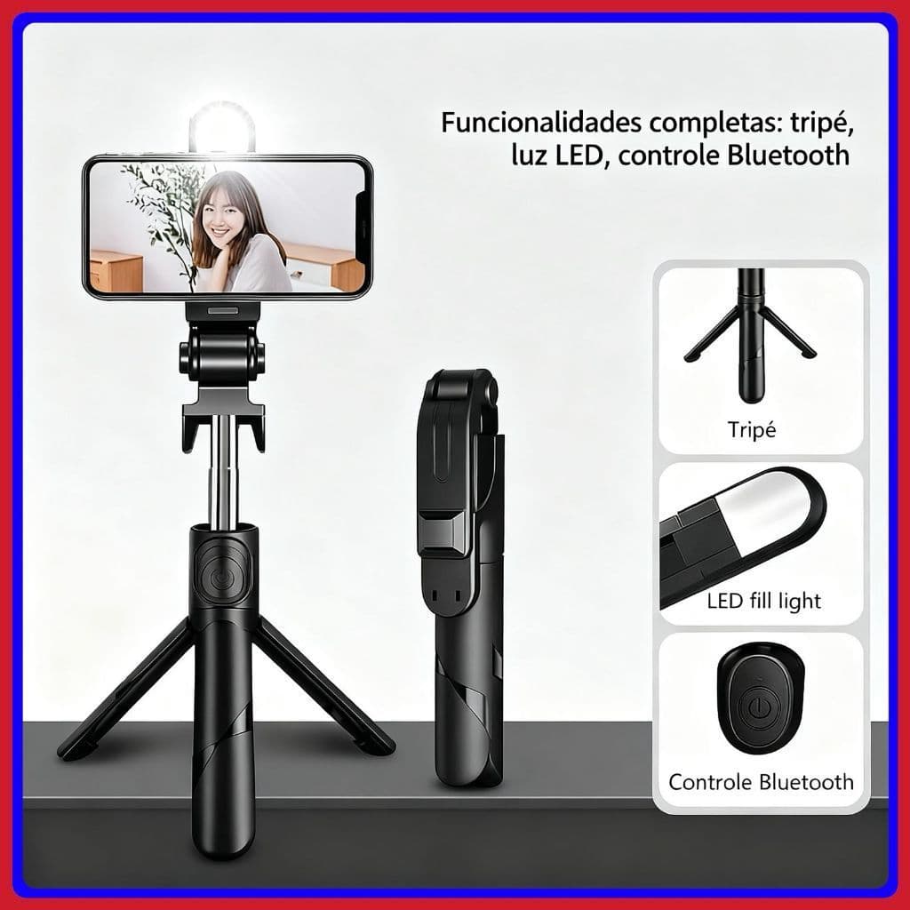 Selfie Stick Tripé com Luz LED e com Controle Bluetooth, Extensível - Ideal para Reels, Vlogs e Fotos