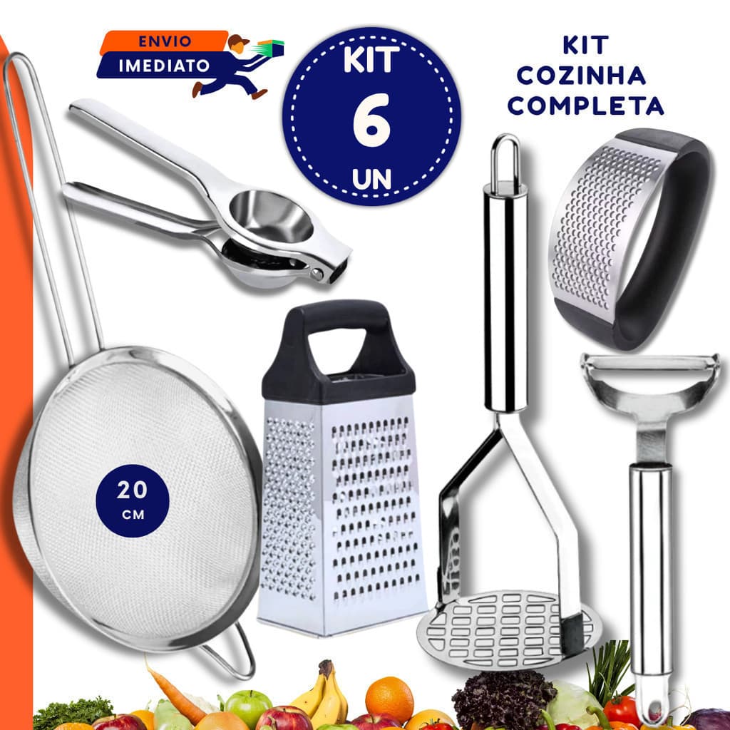 Jogo Peneira de Aço Inox 20Cm + Ralador + Amassador  Alho e Batatas + Espremedor Limão + Descascador  Frutas Legumes