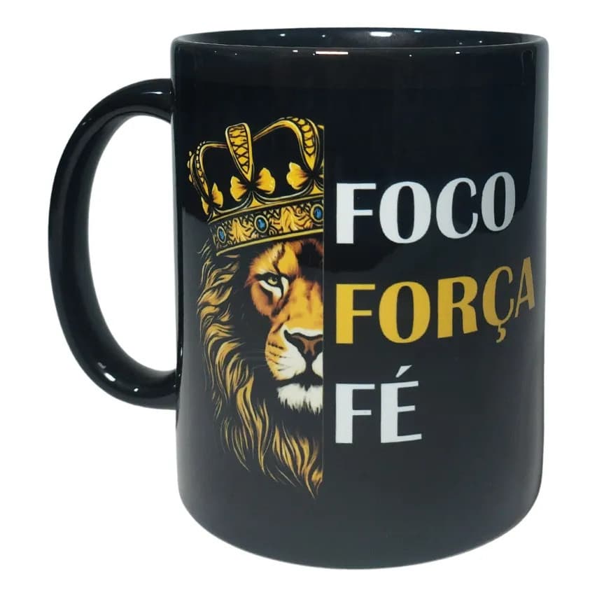 Caneca Preta Personalizada Porcelana Leão De Judá Premium
