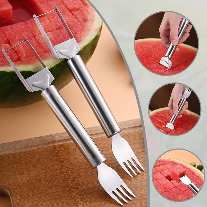 Conjunto Profissional de 2 Peças para Cortar Melancia – Cortador de Melancia de Aço Inoxidável de Dupla Função e Garfo p