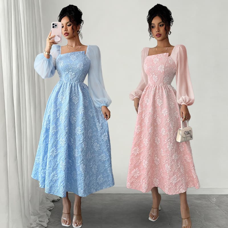 Vestido Longo Elegante Feminino em Chiffon Jacquard, Cintura Alta, Decote Quadrado, Manga Longa WINO