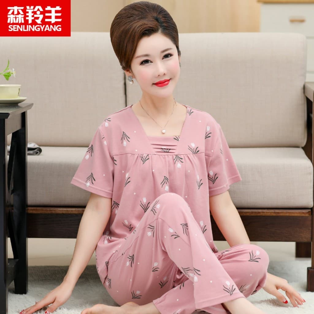 Pijamas femininos verão puro algodão calças de manga curta Loungewear verão estilo fino mãe meio-A