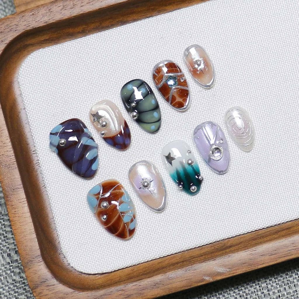 10 Prensas Curtas Feitas À Mão De Amêndoa Nas Unhas | Design Doce E Felpudo De Dopamina Floral 3D Com Padrão De Cobra ,
