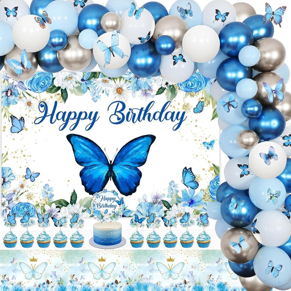 Decorações de Festa de Aniversário com Tema de Borboleta Azul para Meninas, Painel de Fundo de Feliz Aniversário com Bor