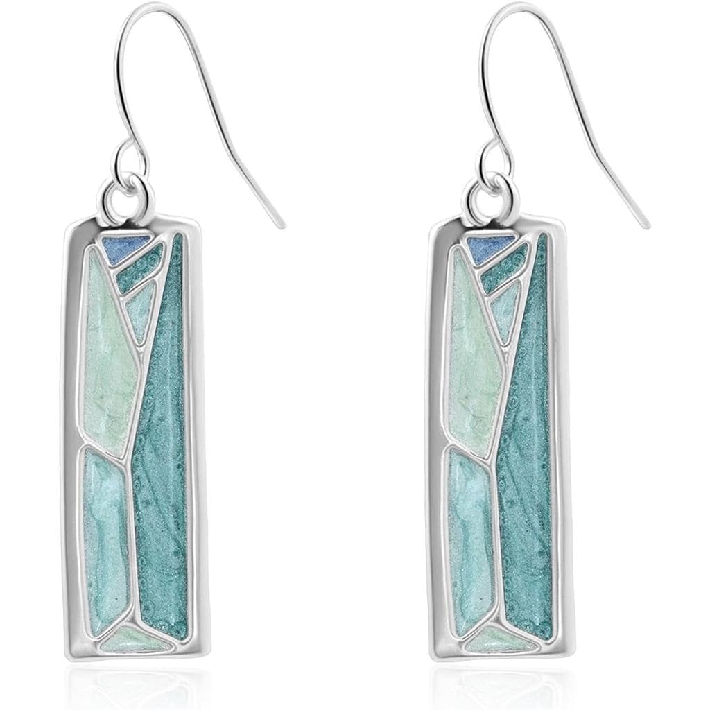Brincos Pendentes Azuis Prateados para Mulheres, em Forma de Barra Retangular Larga, Brincos de Esmalte Coloridos com De