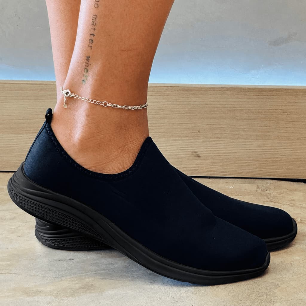 Tênis Feminino Liso Sem Cadarço Preto Confortável Leve Casual Plataforma Anatômica