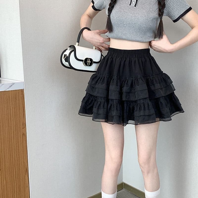 2025 novo estilo renda bolo saia feminina saia curta estilo balé cintura alta gaze branca fofo estilo Preppy saia fofa