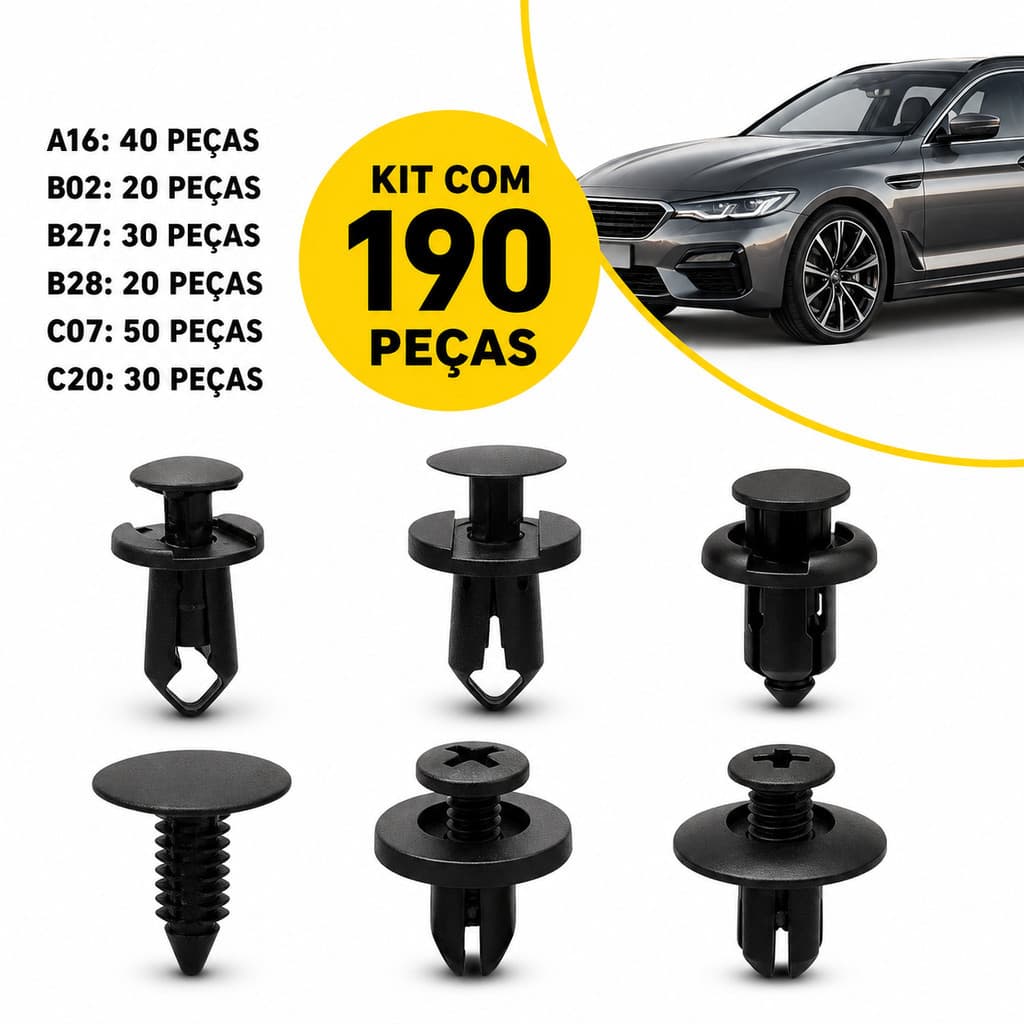 Kit 190 Clipes de Fixação de Carro em Plástico | 6 Tamanhos Universais para Pára-choques e Guarnições