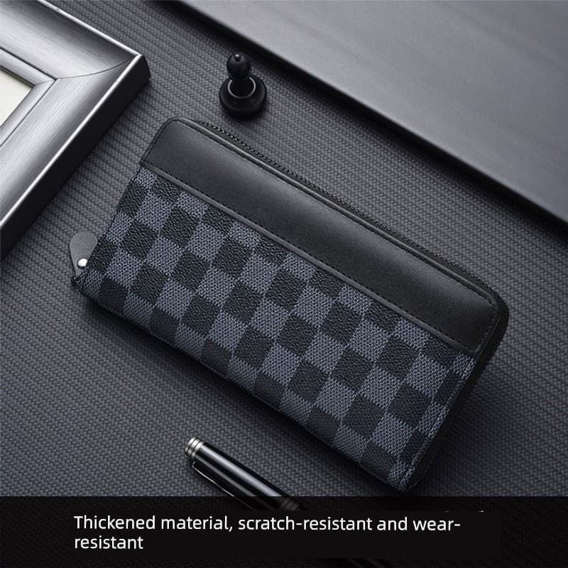 Estilo japonês coreano longo zíper carteira masculina couro do plutônio xadrez luz luxo moda resistente a riscos resiste