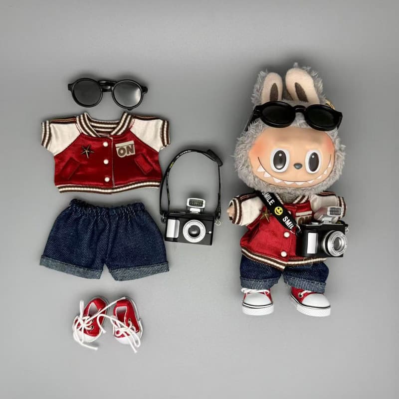 Roupa esportiva Bubu Monster de 15-17 cm, uniforme de beisebol vermelho escuro e acessórios, chapéu de boneca 84MO
