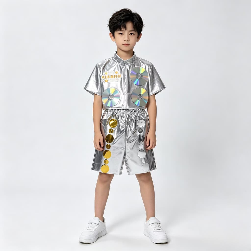 Ecologicamente correto desfile de moda meninos meninas trajes tecnologia robô tema futuro tecnologia espaço terno roupas