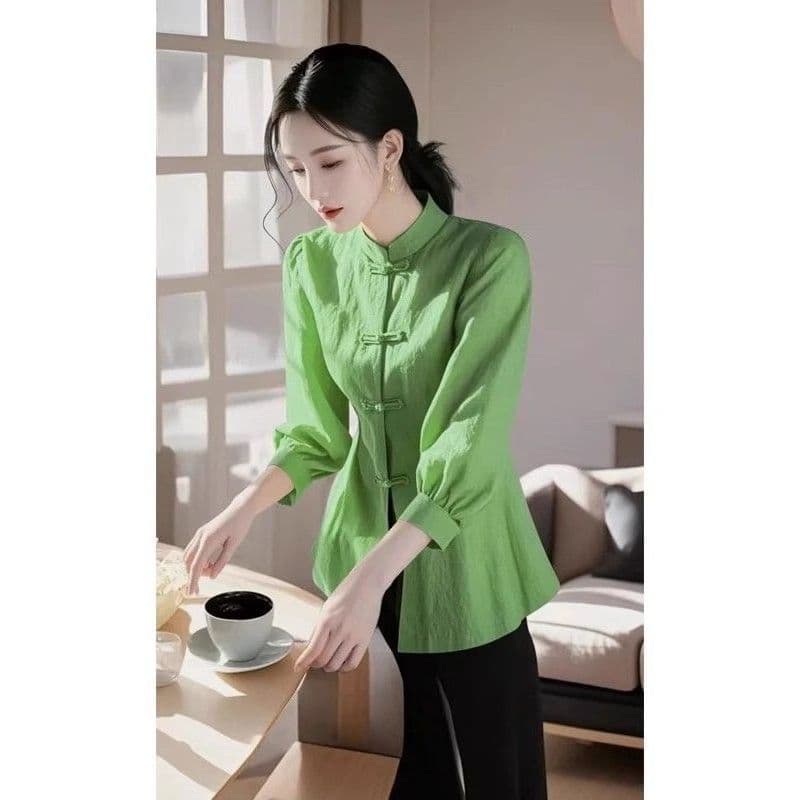 Novo estilo chinês High-End Design verde camisa de manga comprida feminina primavera outono novo estilo de cintura estre