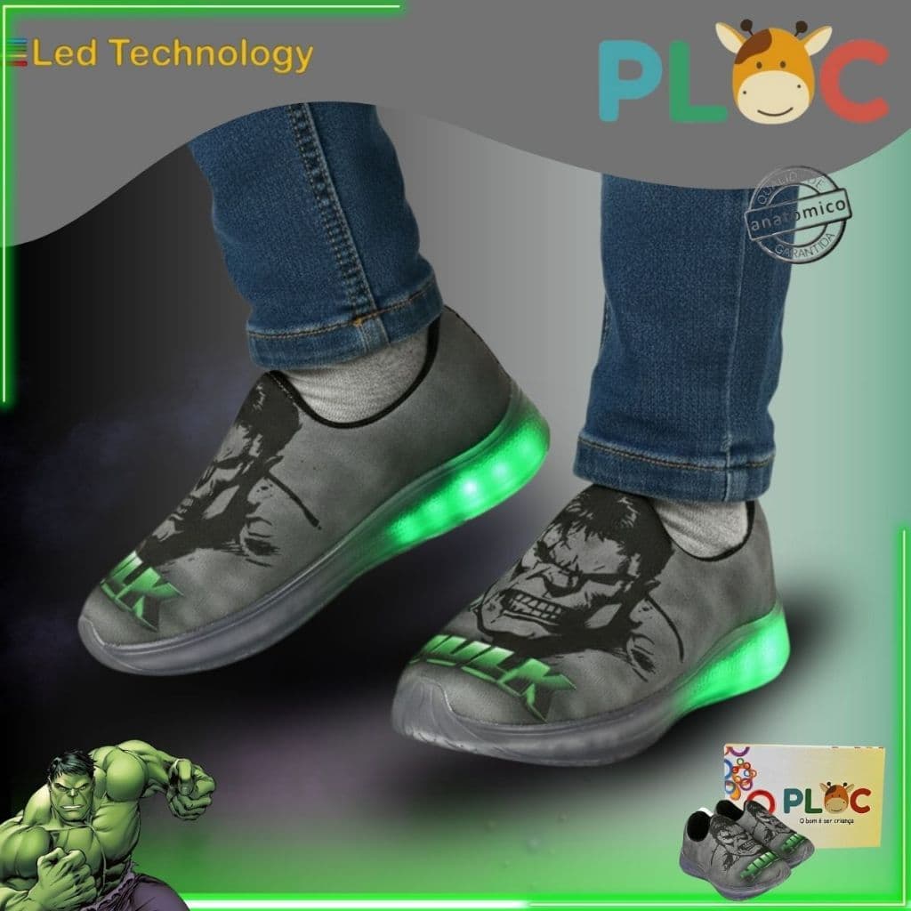 Tênis Led Tecnology Cores Ploc Pisou Piscou Personagens - Hulk Menino