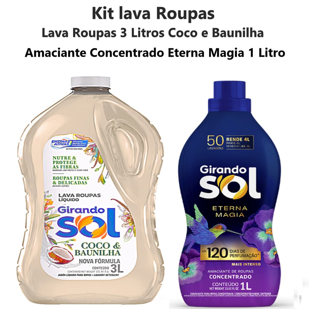 Kit Lava Roupas 3 Litros Coco e Baunilha + Amaciante Concentrado Girando Sol 1 Lt Eterna Magia