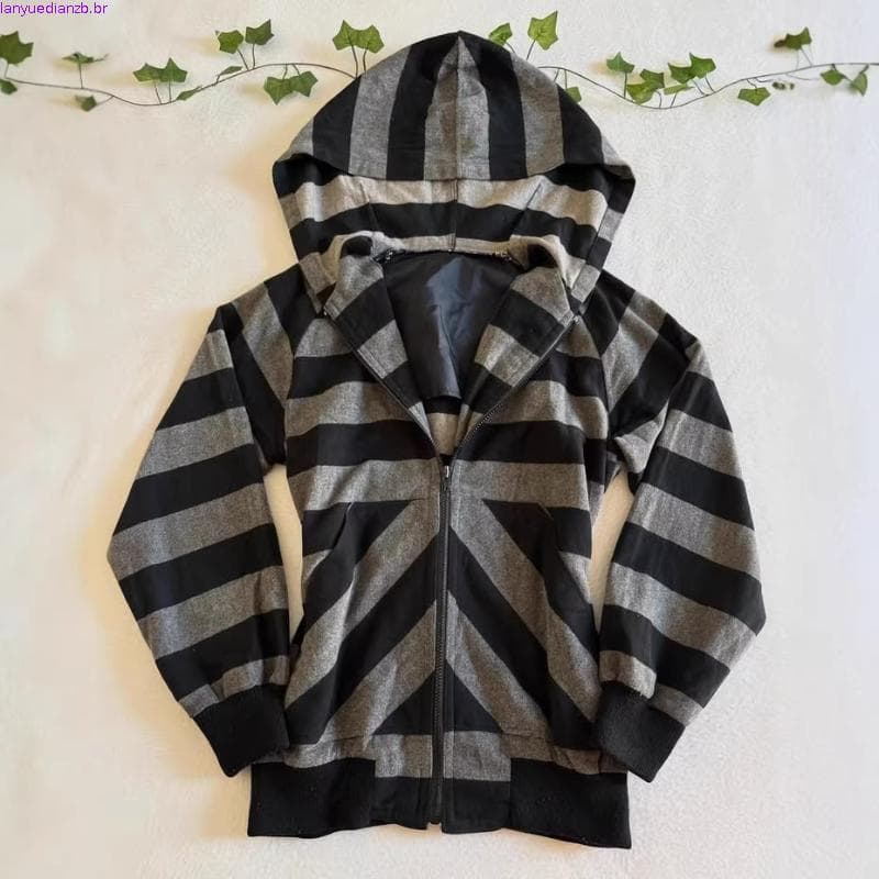 Tokyo Harajuku Retro Azul Marinho Gola Zíper Moletom Com Capuz Estampa Geométrica Emagrecimento Casaco Curto Feminino