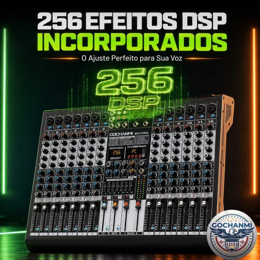 Mesa de Som GOCHANMI MX12 PRO 12 Canais para Microfone Guitarra Teclado e Caixa