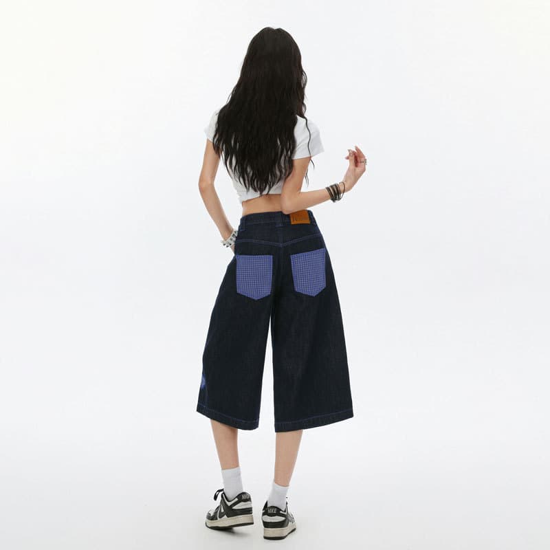 Divertido pássaro voador bordado perna larga calças cortadas xadrez costura Jeans feminino