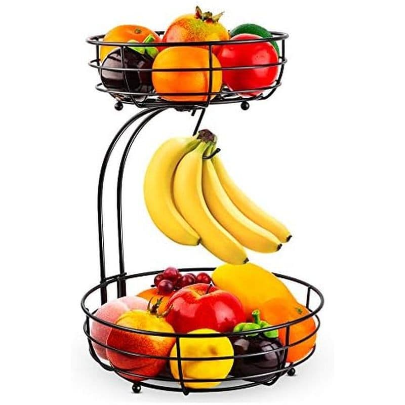 Auledio Ferro Bancada De 2 Camadas Frutas Legumes Cesta Tigela Armazenamento Com Cabide Banana , Preto , 64 Onças