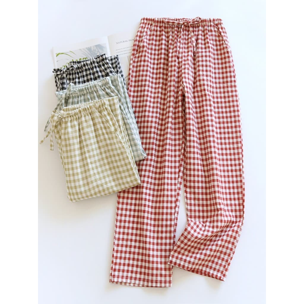 Estilo japonês casal pijama calças primavera outono puro algodão dupla camada fio de algodão masculino solto tamanho gra
