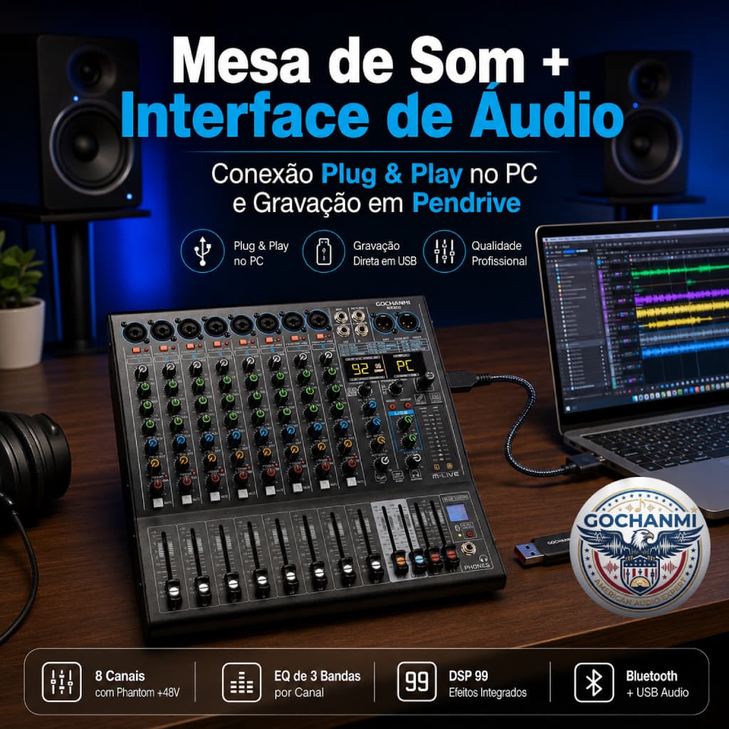 Mesa de Som com Interface USB GOCHANMI NX1200 12 Canais Phantom 48V
