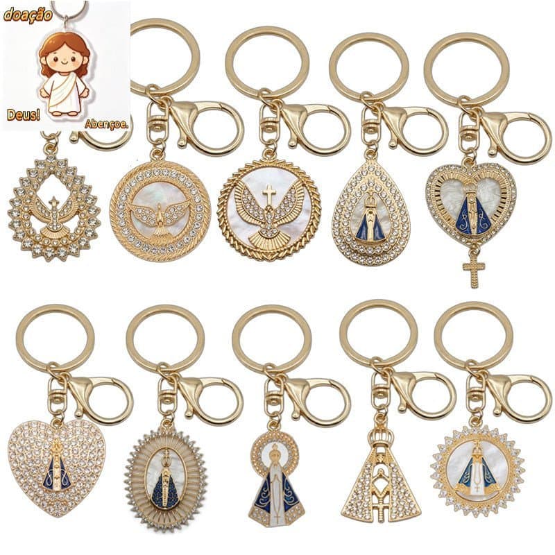 Chaveiros Religiosos Nossa Senhora Aparecida e Divino Espírito Santo, Kit 5/10 Unidades, Strass e Madrepérola（Dar chavei
