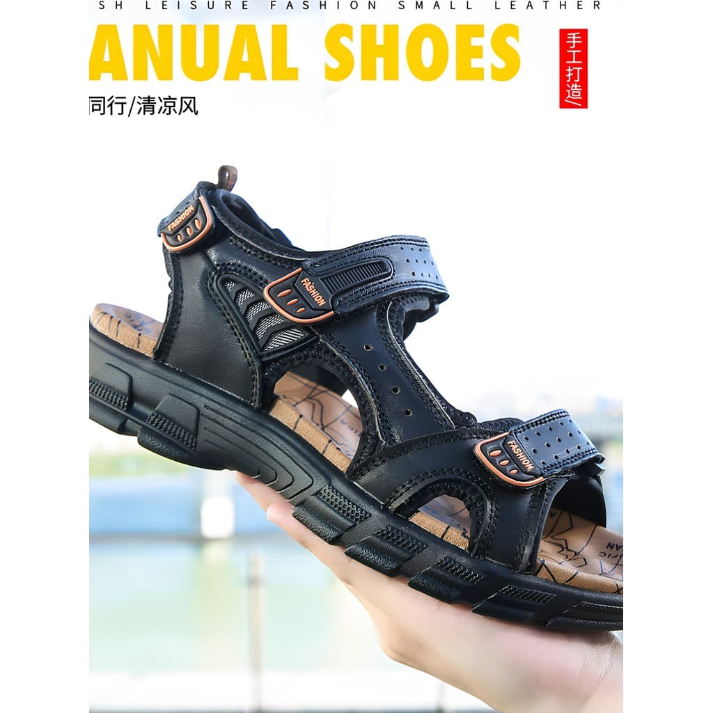 Verão respirável sandálias masculinas de couro genuíno na moda de sola grossa sapatos de praia de dedo aberto ao ar livr
