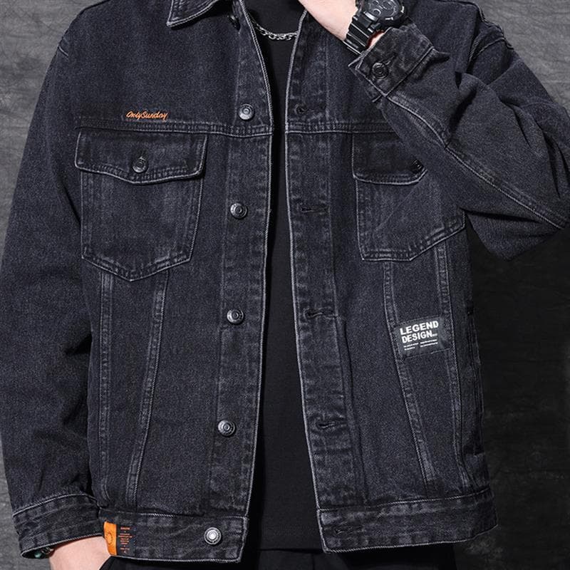 Primavera outono jaqueta jeans masculina de alta qualidade preto estilo americano coberto com antigo solto rufião bonito