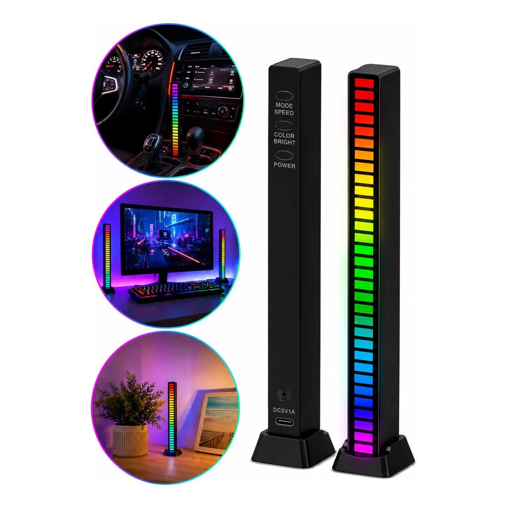 Kit 2 Barra de Led Rítmica Rgb Captação Ativadas Por Voz Com Luz Inteligente Gamer Pc Tv Som Automotivo