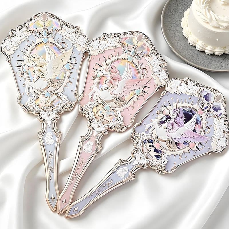 Flor Sabe Cavaleiro Unicórnio Espelho De Maquiagem Portátil Moldura Ornamentada 3 Cores Branco Rosa Roxo